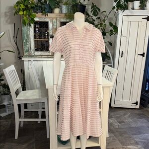 1950s vintage Pink &white sheer puckered nylon dress pearl white lurex stripes